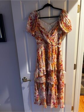 Monique Lhuillier Pink and Yellow Floral Tiered Midi Dress